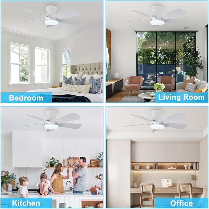 Depuley Modern Ceiling Fan with Light: 35-Inch White Small Fans for Bedroom Indoor Outdoor - Dimmable Low Profile Ceiling Fans with Remote Control Flush Mount 5 Reversible White Blades 6 Speeds Timer