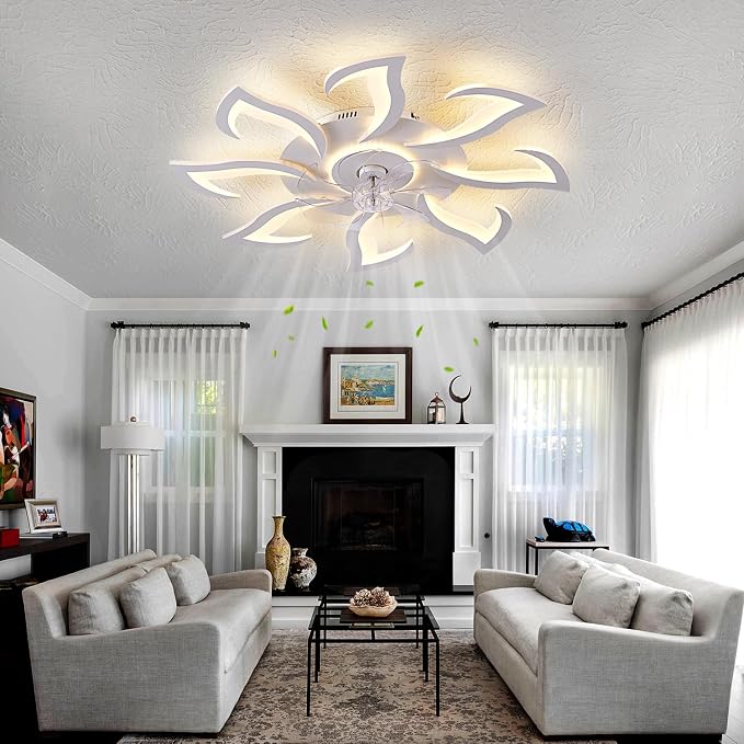 Modern Ceiling Fan with Lights, White Flush Mount Ceiling Fan with Remote & APP Control, Dimmable LED Ceiling Fan Light, 6 Speed Low Profile Fan for Bedroom Living Room