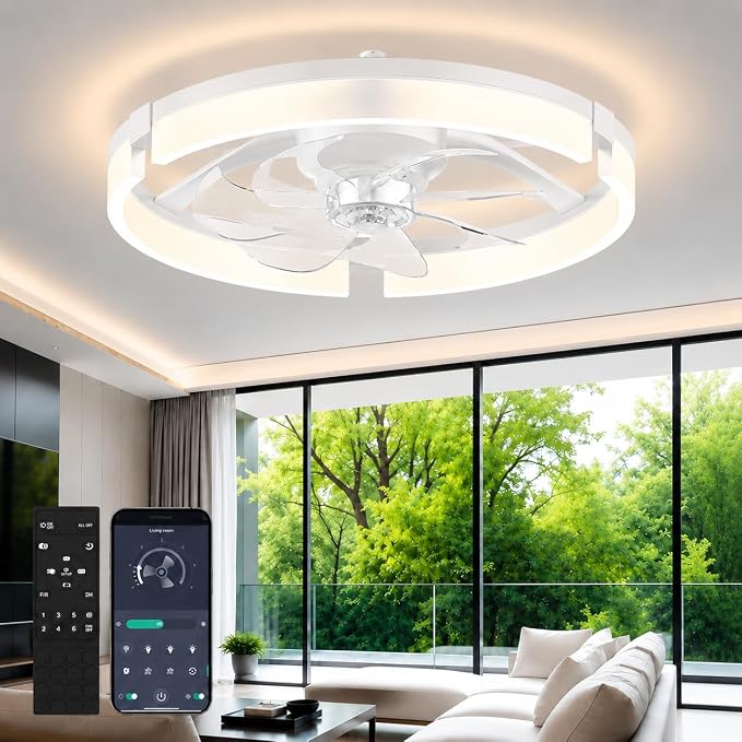 Ceiling Fans with Lights and Remote, 20'' Low Profile Ceiling Fan, 1-6 Wind Speeds, 3000-6500K Dimmable Flush Mount LED Fan Light, Modern Fandelier Ceiling Fans for Bedroom