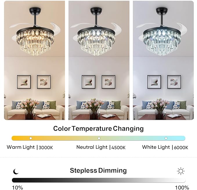 FIDGRA 42 Inch Fandelier Ceiling Fan with Light, Retractable Ceiling Fan with Lights Chandelier Fan for Bedroom, Living Room, 3 Color Temperature, 6 Wind Speed-Black