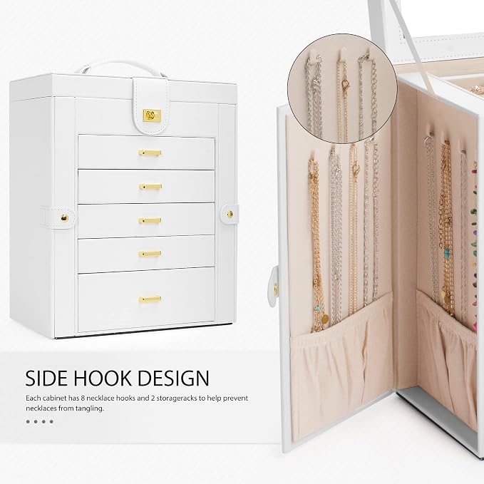 AKOZLIN 6-Tier Jewelry Box Organizer Functional 5 Drawers Leather Jewelry Storage Case for Women Girls Ring Necklace Earring Bracelet Holder Organizer with Mirror White Large