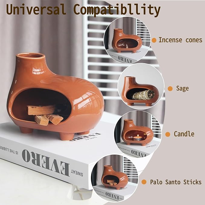 Terracotta Palo Santo Holder Burner with Chimney & Elevated Feet, Mess-Free Design for Meditation & Yoga, Holds Palo Santo Sticks, Sage & Cones – Ceramic Palo Santo Holder Set with Brush & Tweezer