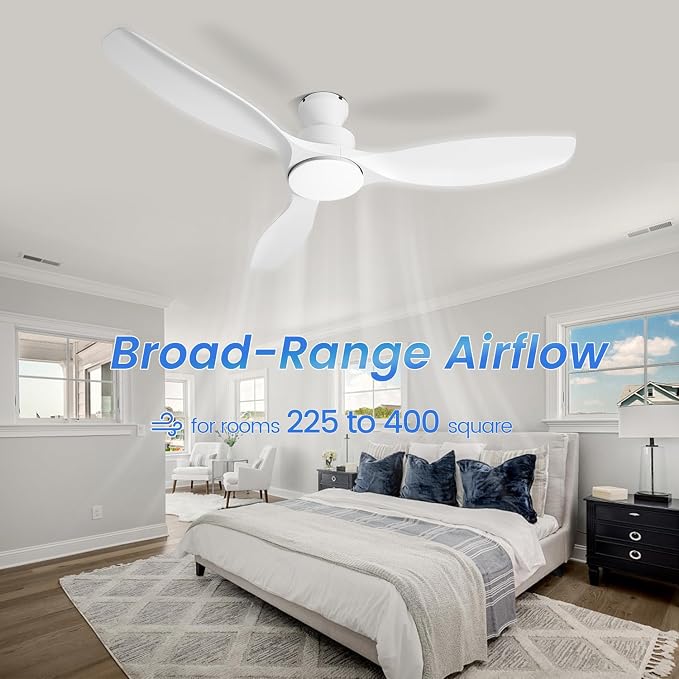 52" White Ceiling Fan with Light and Remote, Flush Mount Low Profile Ceiling Fans, Ceiling Fan with Dimmable LED Lights, 6 Speed, Silent Reversible DC Motor,White Fan for Bedroom/Living Room/Patios