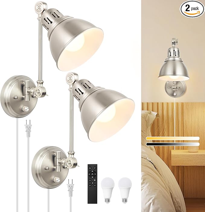 2 Pack Plug in Wall Sconces with Remote Control, Dimming, Adjustable Colors 2700K-6500K, Swing Arm Wall Lamps with Night Light & Timer, Plug-in or Hardwired, LED Bulbs Included, Brushed Nickel