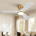 42 Inch Gold Ceiling Fan with Lights, Remote Control, Flush Mount, Dimmable, Reversible,Wood Blades, Power-Off Memory, Quiet DC Motor, Modern Hugger Ceiling Fan for Indoor Outdoor Gold White