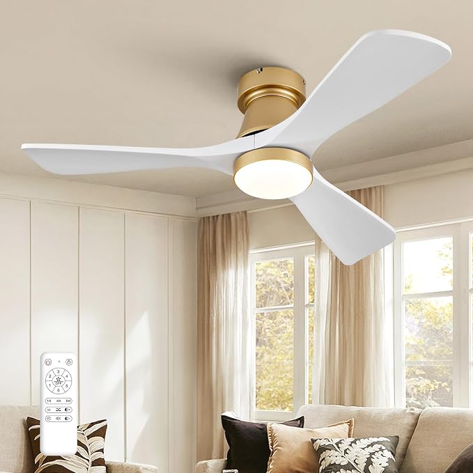 42 Inch Gold Ceiling Fan with Lights, Remote Control, Flush Mount, Dimmable, Reversible,Wood Blades, Power-Off Memory, Quiet DC Motor, Modern Hugger Ceiling Fan for Indoor Outdoor Gold White