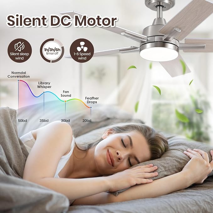 42 Inch Brushed Nickel Ceiling Fans with Lights and Remote, Reversible, 3CCT, Dimmable, Noiseless, Downrod, Small Ceiling Fan for Bedroom, Indoor/Outdoor Use
