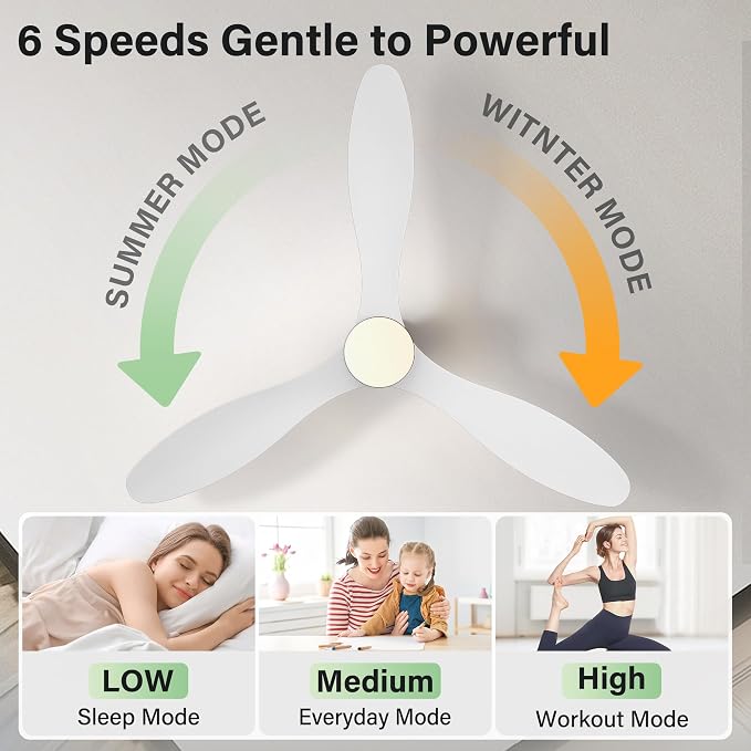 52" Wood Ceiling Fans with Lights Remote,Smart Control via Wifi Alexa APP,Quiet DC Motor,Modern Flush Mount Hugger Ceiling Fan for Low Profile Bedroom,Patio,Matte White,Outdoor Indoor,3 Blade,Dimmable