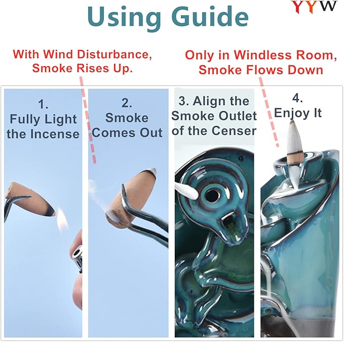 YYW Backflow Incense Burner Holder Handmade Statue Decor Fountain Waterfall Incense Holder with 20 Backflow Incense Cones 30 Incense Sticks 1 Tweezer 1 Mat for Indoor Meditation Yoga (Blue)