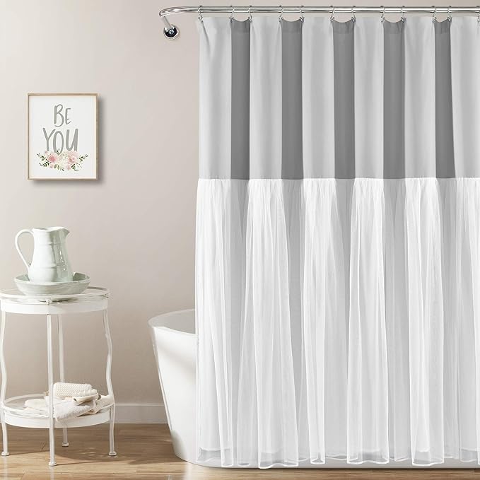 Lush Decor Tulle Skirt Colorblock Shower Curtain Single 72" W x 72" L Light Gray & White - Fabric Shower Curtains for Bathroom - Cute Bathroom Curtain