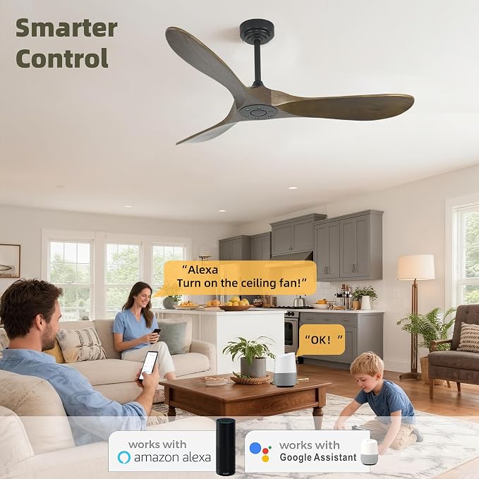 Smart Ceiling Fan no Light, 52 Inch Outdoor Ceiling Fan Without Light, Compatible with Alexa/Google/App, 3 Solid Wood Blades, Modern Wood Fan for Patio, Bedroom, Living Room,Bronze