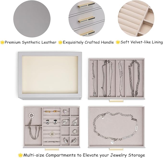 VLANDO 3-Drawer Jewelry Box with Glass Lid, Faux Leather Organizer for Rings Earrings Necklaces and More, Gift-Ready Jewelry Case for Women Girls or Moms, Grey
