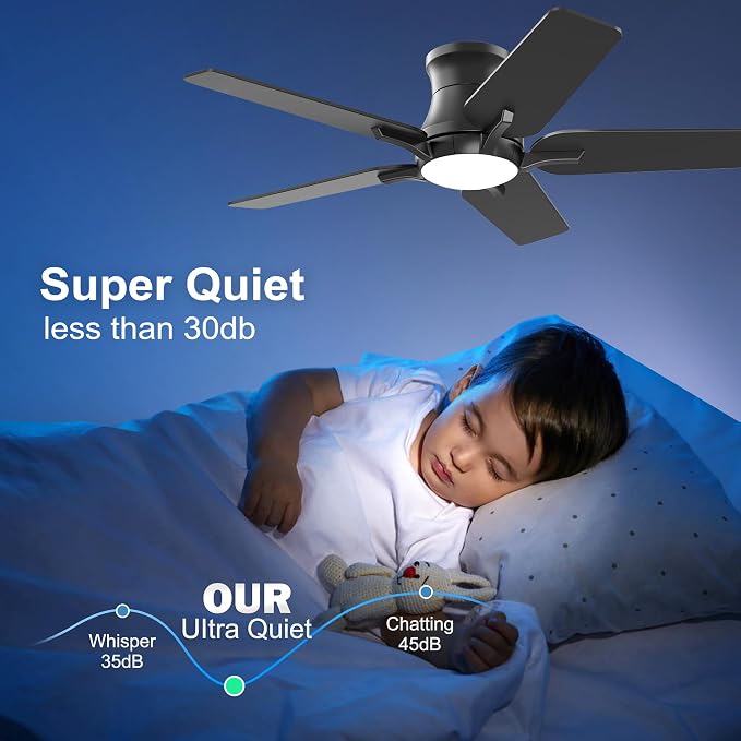 POCHFAN 42 Inch Black Ceiling Fans with Lights and Remote, Flush Mount Low Profile Ceiling Fan for Bedroom, Living Room, Patio, Dimmable 6 Speeds Noiseless Reversible, ETL Listed