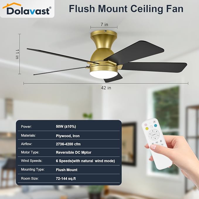Ceiling Fans with Lights, 42 Inch Low Profile Ceiling Fan with Light and Remote Control, Flush Mount, Reversible, 3CCT, Dimmable LED, Quiet, Gold Ceiling Fan for Bedroom, Kitchen