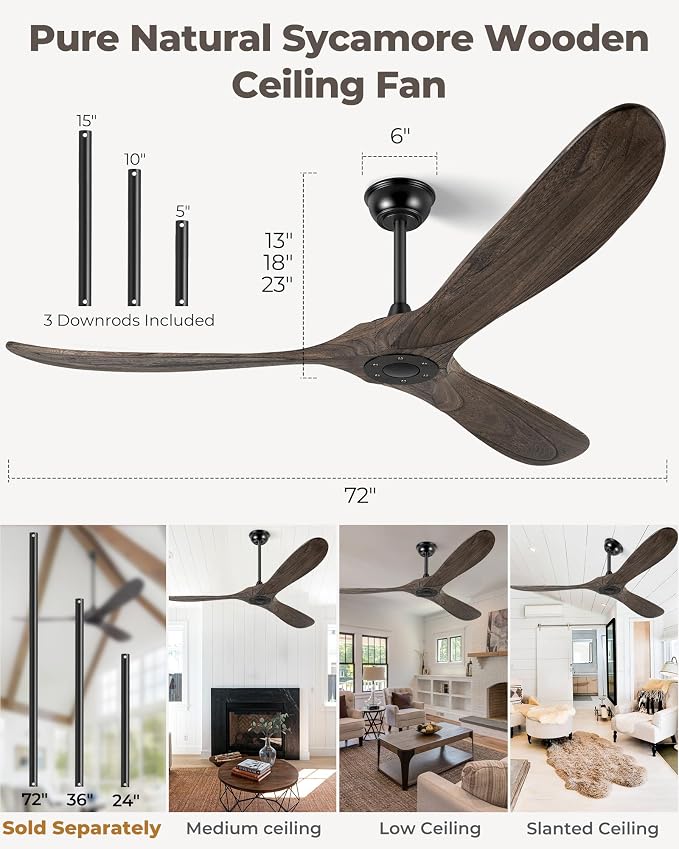 72" Ceiling Fans Without Lights, Solid Wood Ceiling Fan with Remote Control and Quiet DC Motor, Ceiling Fan no Light 3 Blades, Indoor Outdoor Fans for Patios, Bedroom- Deep Brown