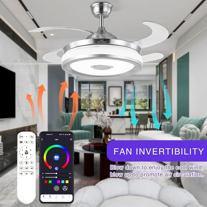 BAYSQUIRREL Retractable Bluetooth Ceiling Fan with Light and Speaker, Flush Mount Ceiling Fans,RGB-LED 6 Speed Reversible Modern Invisible Ceiling Fans,Remote and APP Control