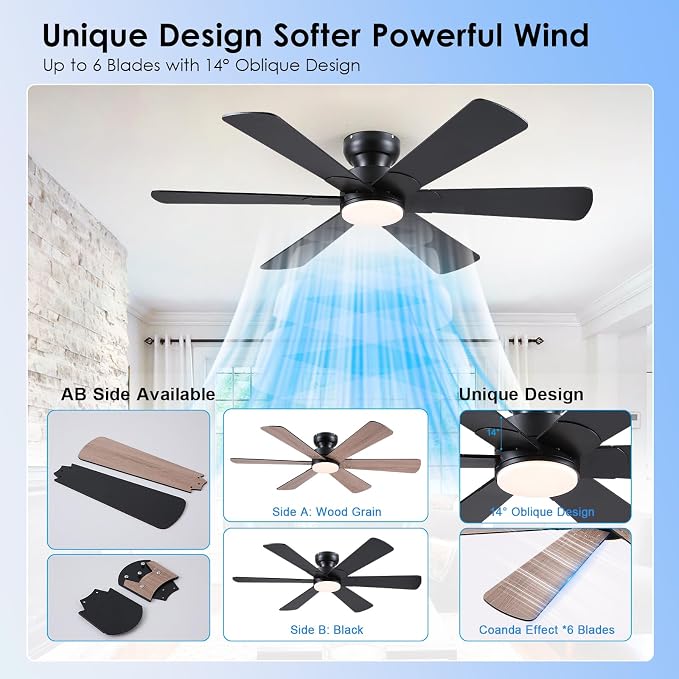 BayDay 52 inch Ceiling Fans with Lights, Black Ceiling Fan with Remote APP, Dual-Sided Modern/Rustic 6 Blades, Reversible, 3CCT, Flush Mount Low Profile Ceiling Fan with Lights Bedroom Kitchen Indoor