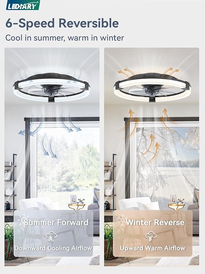LEDIARY Ceiling Fans with Lights, 20 Inch Low Profile Ceiling Fan with Remote, 6 Speeds, Reversible, Dimmable Flush Mount Fan Light, Modern Fandelier Ceiling Fan with Lights for Bedroom, Black