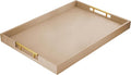 22" x 15.7" Extra Large Wood Serving Tray with Gold Polished Metal Handles, Home Decorative Wooden Rectangle Ottoman Leather Decor Platter Bathroom Vanity Tray for All Occasions Glod