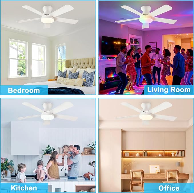 Depuley Ceiling Fan with RGB Light: 42-Inch White Small Fans for Bedroom Indoor Outdoor - Dimmable Low Profile Ceiling Fans with Remote Control Flush Mount 5 Reversible White Blades 6 Speeds Timer