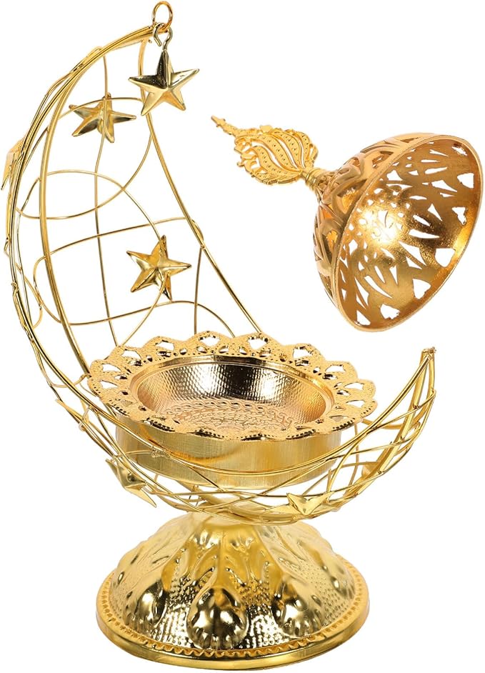 Zerodeko Arabic Incense Holder, Middle East Ramadan Incense Burner Arab Crescent Tea House Censer Handheld Aroma Furnace for Muslim Islam Festival Decoration Golden