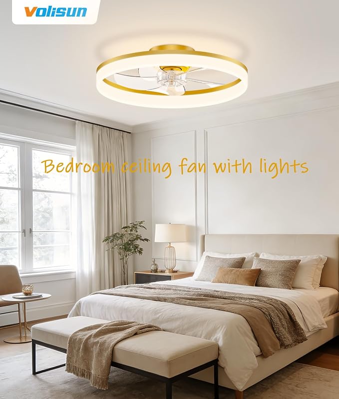 VOLISUN Low Profile Ceiling Fans with Lights and Remote, 20in Fandelier Ceiling Fan Flush Mount, 3000K-6500K Smart Bladeless LED Fan Light, Gold Modern Ceiling Fans with Lights for Bedroom
