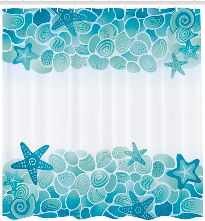 Ambesonne Ocean Shower Curtain, Modern Sealife Marine Sea Shells Stars Fish Under The Sea Image, Cloth Fabric Bathroom Decor Set with Hooks, 69" W x 84" L, Turquoise Seafoam