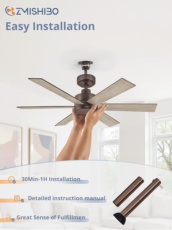 ZMISHIBO 42 Inch Ceiling Fans No Lights, Farmhouse Rustic Ceiling Fan Without Light, 6 Blades, Quiet Reversible DC Motor, 6-Speeds, Brown Ceiling Fans for Bedroom, Living Room, Porch, Indoor/Outdoor