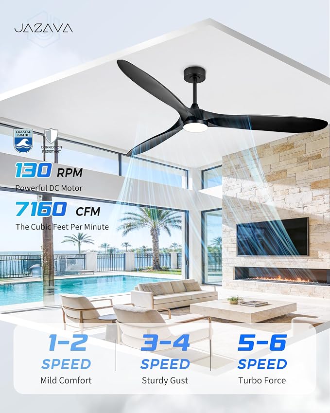 JAZAVA 70'' Coastal Grade Ceiling Fan with Light and Remote, Corrosion Resistant Indoor Outdoor Fan, Quiet DC Motor, 3CCT Dimmable LED, 3-Blade Fan for Living Room, Great Room, Patio, ZCCF08BK-70
