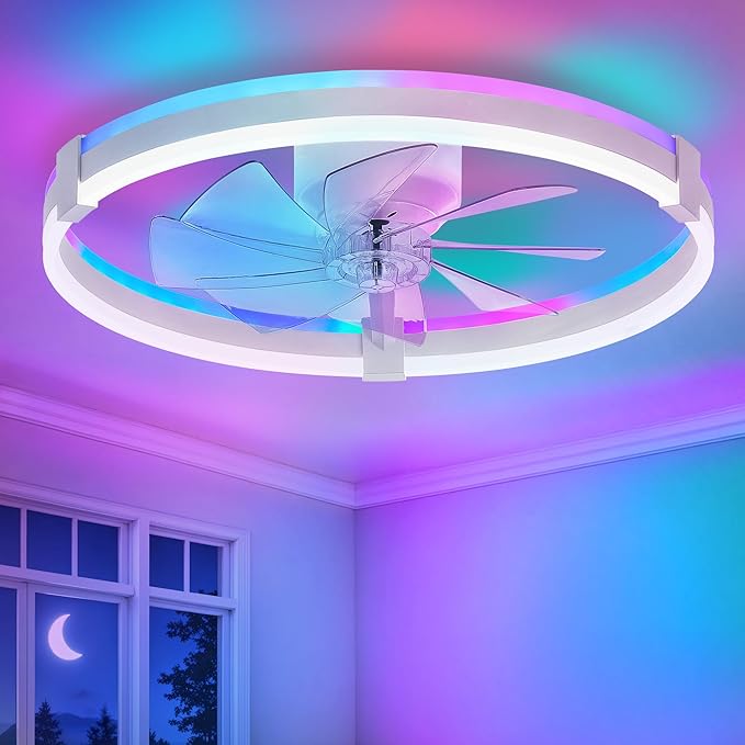 ZMISHIBO RGB Ceiling Fans with Lights and Remote, 23 inch Low Profile Ceiling Fan with Light, 3000K-6000K Dimmable & RGB, Modern Fandelier Flush Mount Ceiling Fan, Small LED Fan for Bedroom