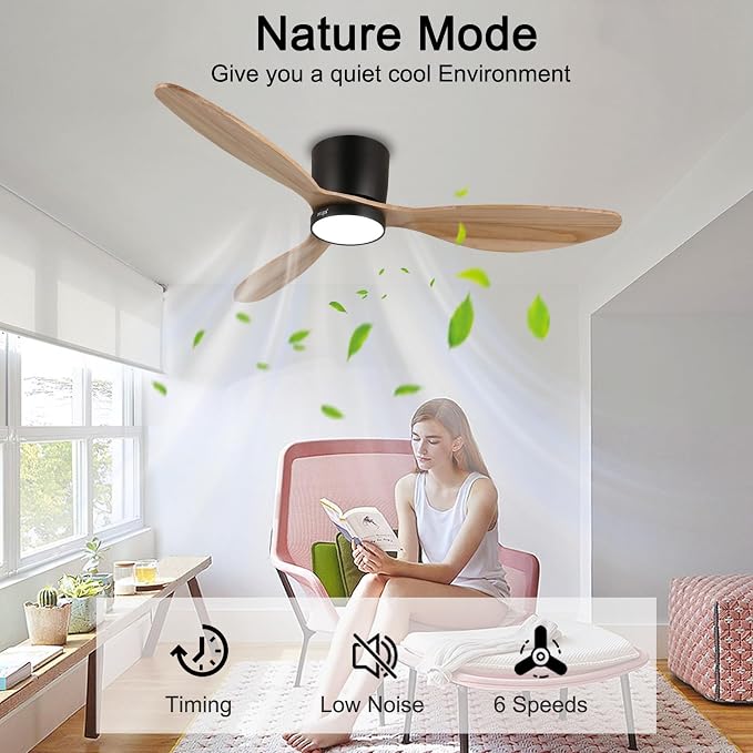 reiga 52" Natural Wood Flush Mount Ceiling Fan with Light, Quiet DC Motor | 3 solid wood blades, reversible silent motor; dimmable 3CCT LED light, remote timer for bedroom & mid-century indoor spaces