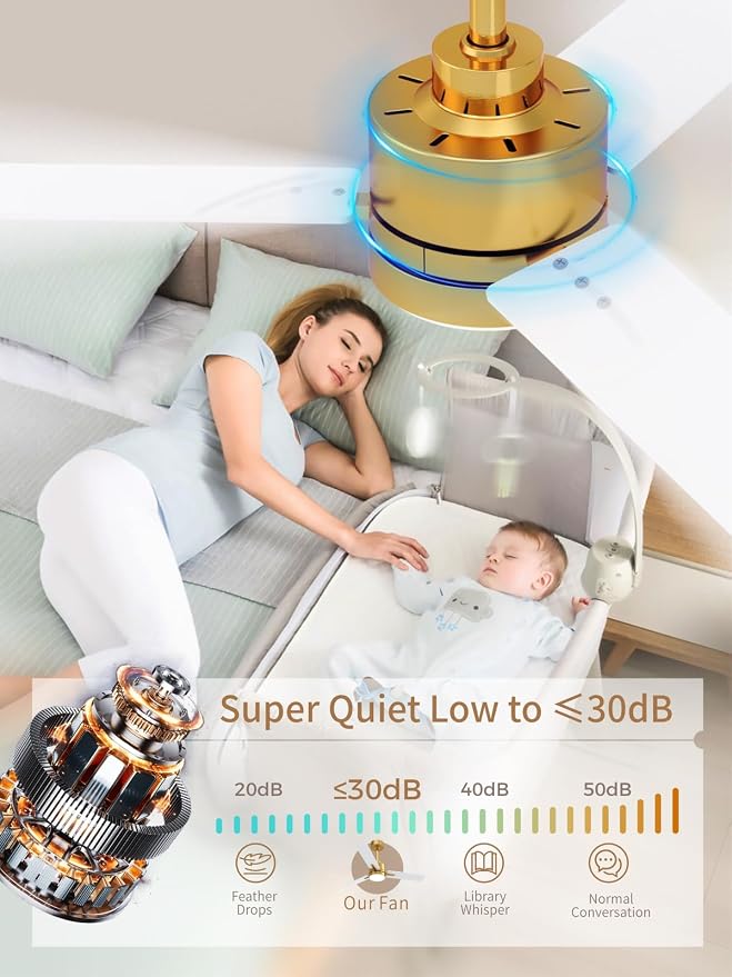 LANMEL 42'' Ceiling Fan with Lights and Remote, Low Profile Modern Ceiling Fan Gold, 6 Speed, Reversible, 3000k-6000k LED, Quiet DC Motor for Indoor Outdoor Bedroom Living Room