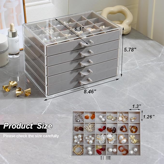 YUFONG Earring Storage Box Organizer, Acrylic Jewelry Storage Box Holder 5 Drawers Transparent Jewelry Display Stand with 120 Small Compartments Gift Boxes for Women Girls (Gray)