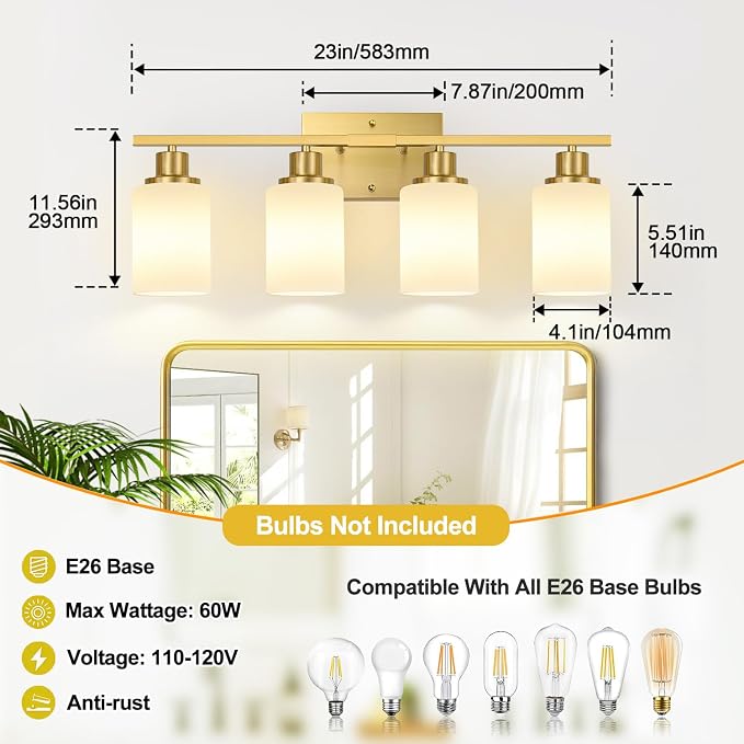 Indoi 4-Light Bathroom Light Fixtures, Brushed Gold Modern Vanity Lights with Milky White Shades, Bathroom Wall Lamp for Mirror Living Room Cabinet Bedroom Porch