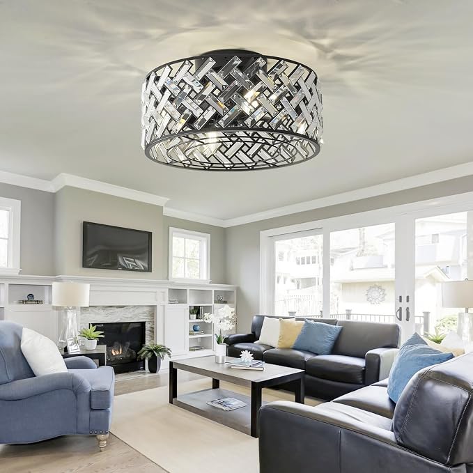 Black Small Bedroom Ceiling Fans with Lights and Remote 4-Light Crystal Black Farmhouse Flush Mount Fandeliers for Bedroom Quiet Fan Light Fixture, 18" Modern Chandelier with Fan 8 Blades
