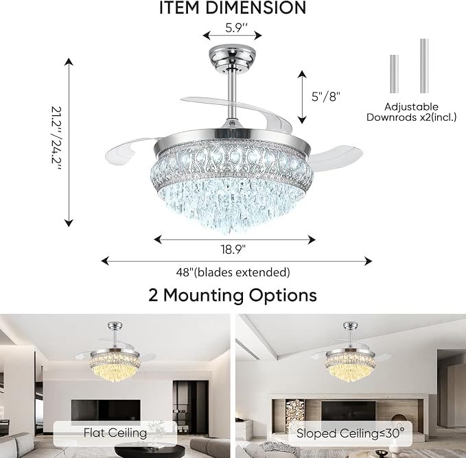 48" Fandelier Ceiling Fan with Light, Crystal Retractable Ceiling Fan with Lights and Remote, Chandelier Fans for Bedroom Living Room, Reversible DC Motor, Dimmable, 6 Speeds - Chrome