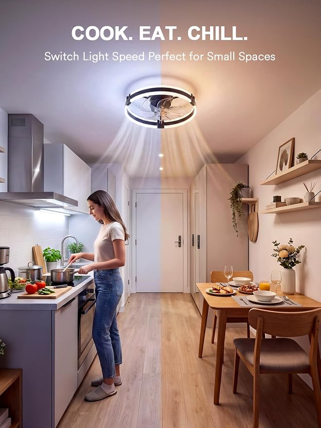 Bladeless Ceiling Fan with Light, 20 Inch Low Profile Flush Mount Fan 2Pack | Modern Small Ceiling Fan with Dimmable Light, 6 Speeds, Reversible Airflow, App and Remote Control for Dedroom Black