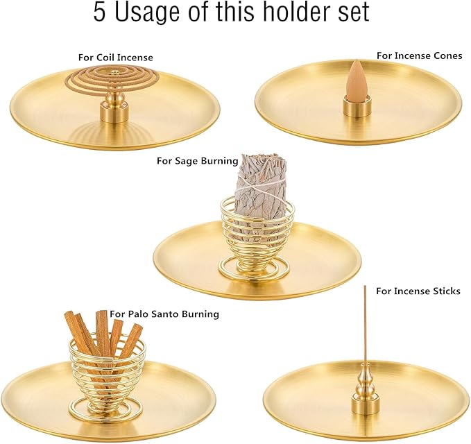 SIGZKK 7-in-1 Incense Stick Holder, Palo Santo Sage Holder, Incense Burner for Sticks/Coils/Cones, 5.5 inches Brass Ash Catcher with Brush and Tweezers, Meditation Yoga Spa Zen Decor (7)