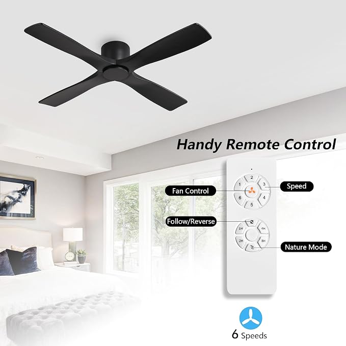 WINGBO 48 Inch Flush Mount DC Ceiling Fans without Lights, 4 Carved Solid Wood Blades, 6-Speed Reversible DC Motor, Low Profile Hugger Ceiling Fan No Lights for Indoor and Outdoor, Matte Black