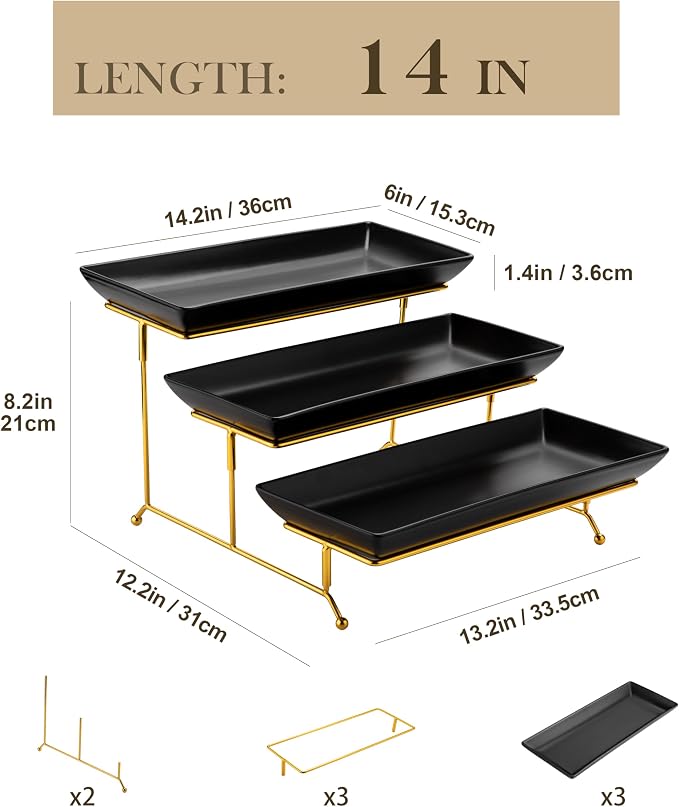 MALACASA 3 Tier Serving Trays for Party, 14 Inch Porcelain Black Trays for Serving Food, Dessert Stand with Collapsible Gold Metal Rack | Tiered Serving Stand for Party, Fruit Tray, Trays for Serving Food, Dessert Stand with Collapsible Sturdier Gold M...