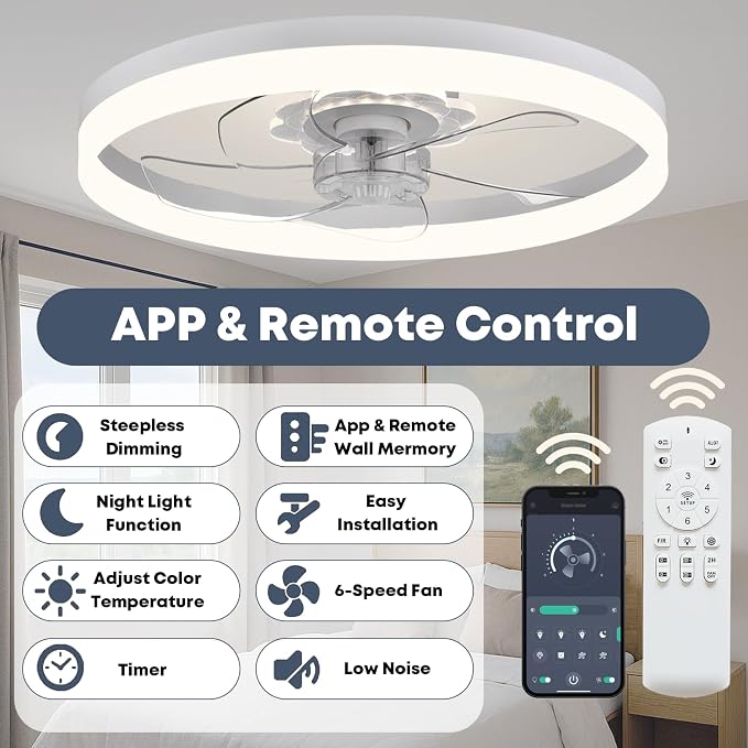 FSZDORJ 20'' Ceiling Fan with Light and Remote, Low Profile Ceiling Fan with Light, Dimmable Flush Mount Ceiling Fan Light, 6 Speeds Fan, App&Remote Control, Fandelier Quiet Fan for Bedroom F115 Black