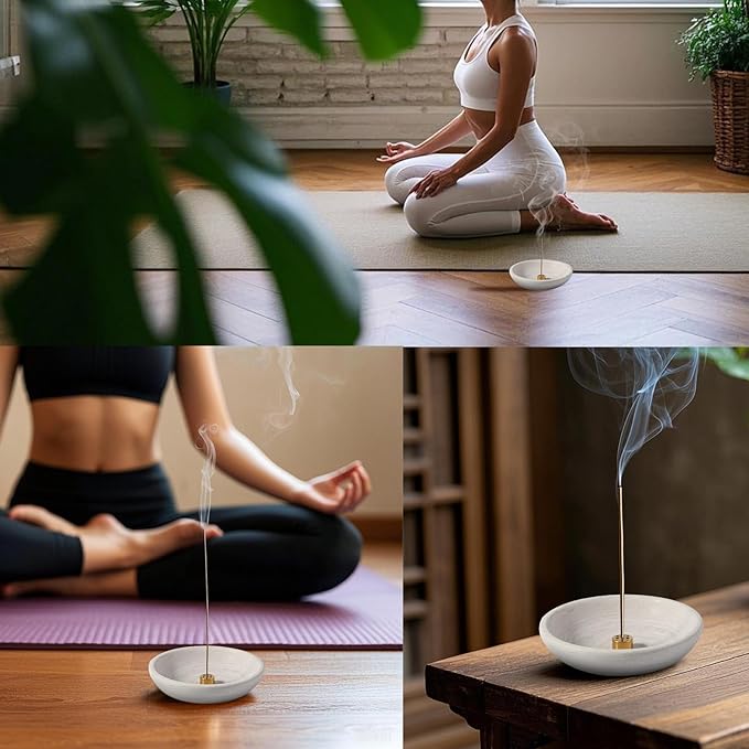Koville Natural Marble Incense Holder, Incense Holder for Sticks with 9 Holes, Handmade Incense Burner Ash Catcher for Meditation Yoga SPA, Balsam Fir/Palo Santo/Sage/Cone Incense Bowl(Grey)