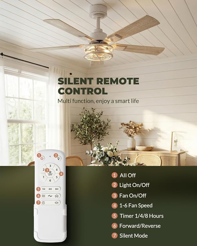 42 Inch Ceiling Fans with Lights, Remote Control Ceiling Fan for Bedroom Living Room, Quiet and Reversible DC Motor, Low Profile Flush Mount 6-Speed 5 Blades Caged Ceiling Fan, White