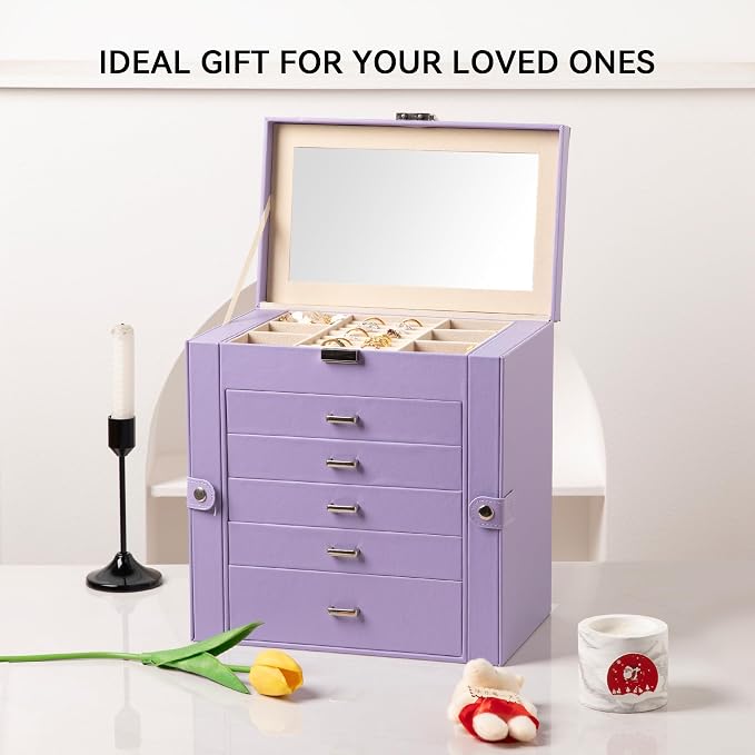 Frebeauty 6-Layer Jewelry Box for Women,Large Jewelry Organizer with Drawer | Faux Leather,Built-in Mirror,Spacious Jewelry Storage,16 Necklace Hooks,Organizing by Category for Rings Earrings Bracelet