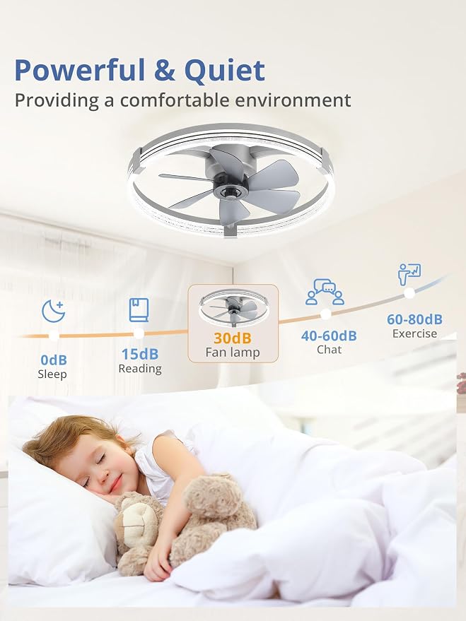 ZMISHIBO Low Profile Ceiling Fans with Lights, Flush Mount Modern Ceiling Fan and Remote Control, 23" LED Ceiling Fans, Stepless Dimmable 3 Colors and 6 Speeds (Grey, 23")