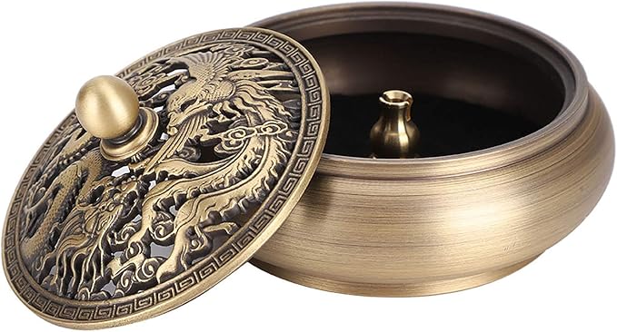 Incense Burner Holder, Antique Brass Dragon Incense Cone Burner with Incense Stick Holder for Cone Incense, Charcoal Disc, Coil Incense, 3.5 x 2.4in