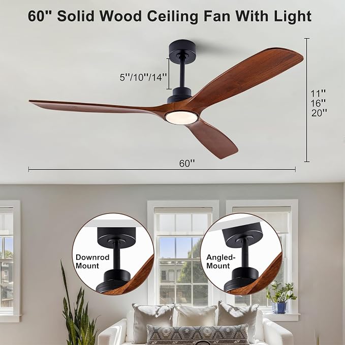 QUTWOB 60" Wood Ceiling Fan with Light, Reversible DC Motor, Remote Control | solid wood blades, quiet 6-speed reversible dc inverter motor, remote control, 3-color led, for indoor outdoor patio bedroom