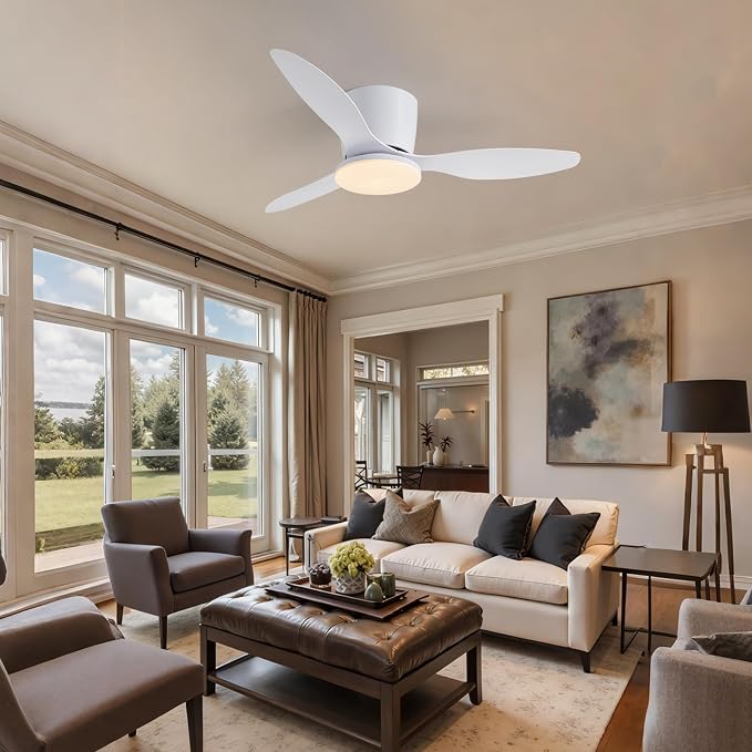 42 Inch Flush Mount Ceiling Fans with Lights and Remote Control, White Low Profile Ceiling Fan for Bedroom, Living Room,Office,Kitchen,Patios Indoor and Outdoor Use