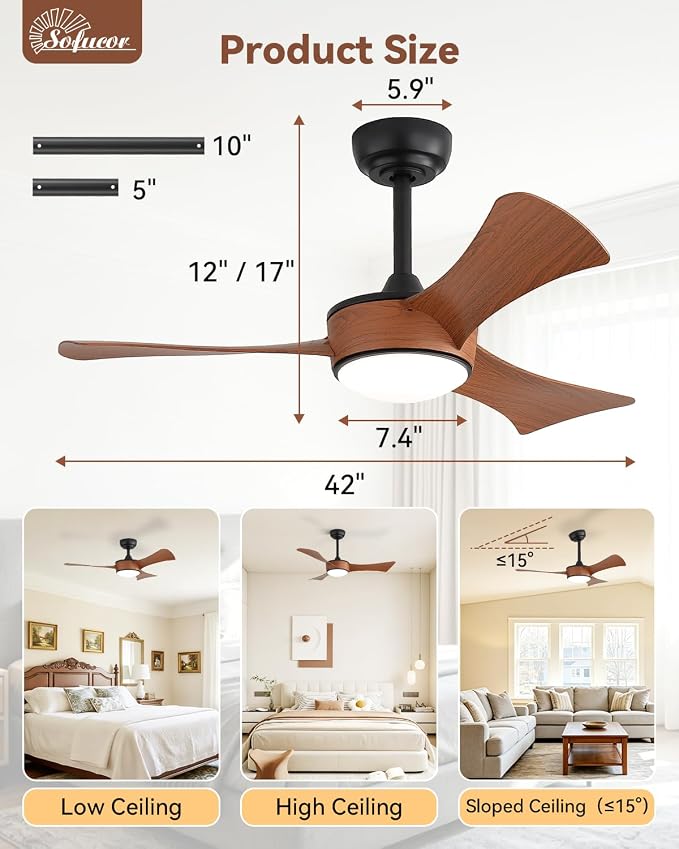 Sofucor 42 Inch Ceiling Fans with Lights-Modern Brown Small Bedroom Ceiling Fan with Remote Control, Plug-in Blades Quick Install, Quiet DC Motor,Outdoor ABS Ceiling Fan for Kitchen/Living Room/Patios