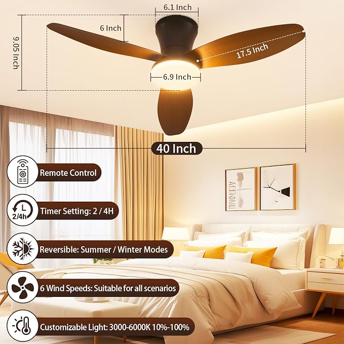 40 inch Ceiling Fan with Lights, Flush Mount with Remote Control | 3 Blades, 6 Speeds, Reversible Quiet DC Motor, Dimmable, 3000-6000K Adjustable, Timer, for Bedroom Dining Room Home Office